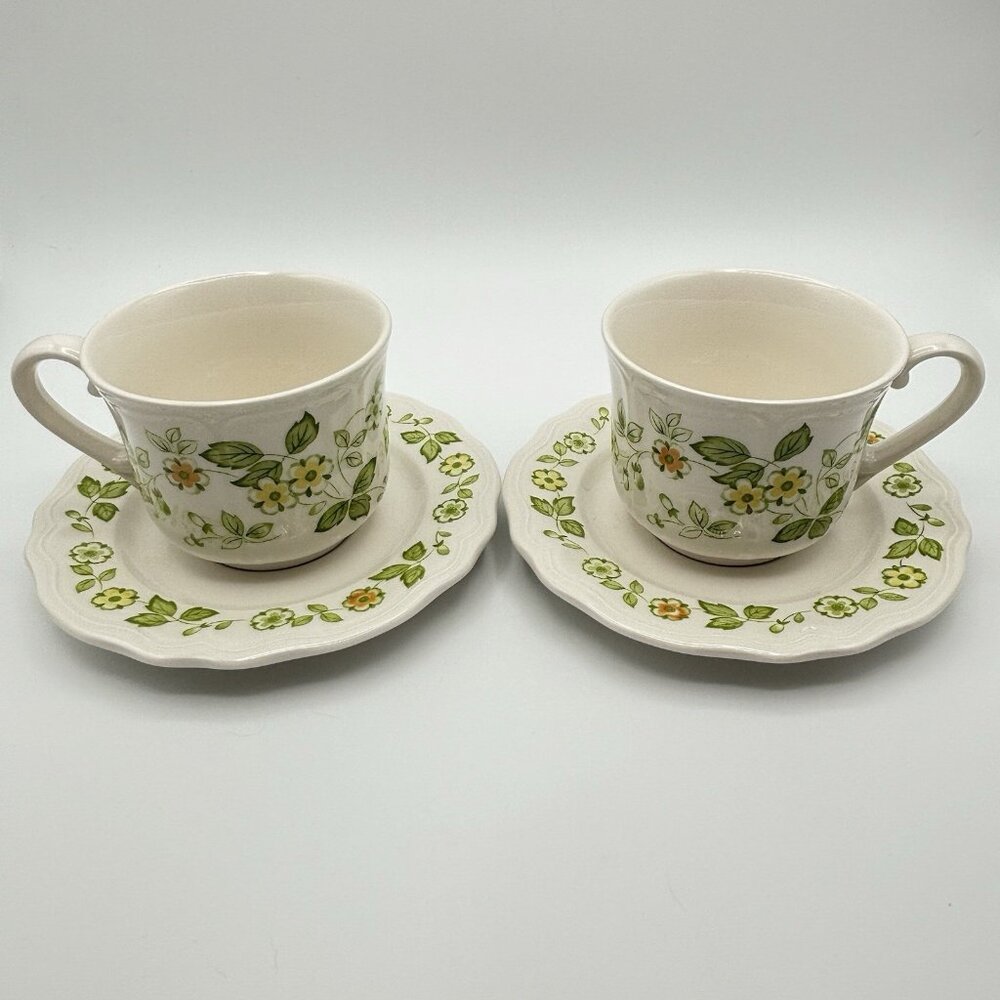 Petite Flora Ironstone Cup & Saucer Green Floral Flower Japan Sears Set of 2